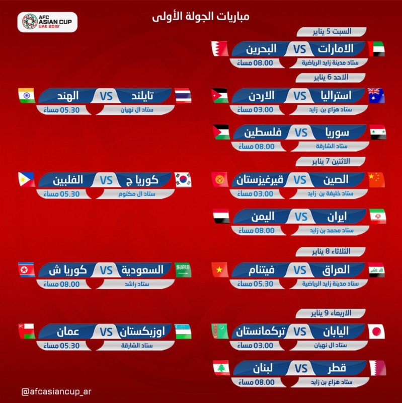 جدول مواعيد مباريات كأس آسيا 2019 صحيفة المواطن