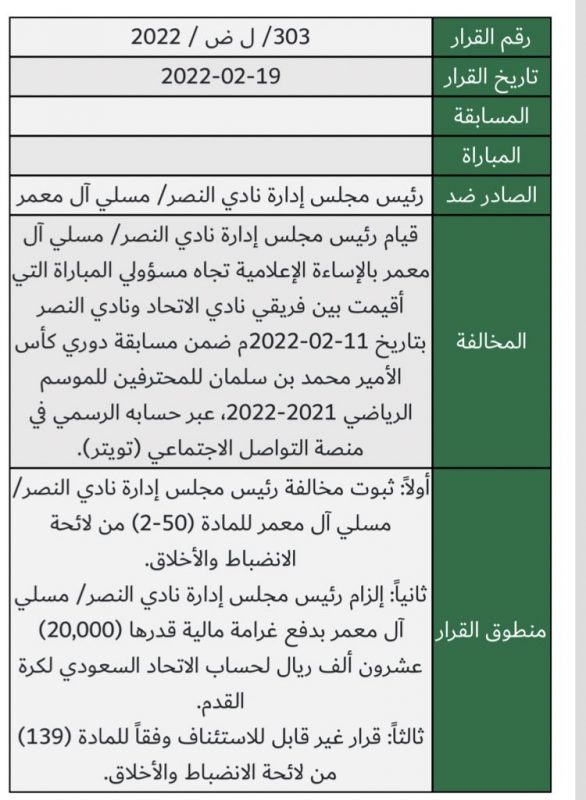 تغريم آل معمر بعد مباراة النصر والاتحاد