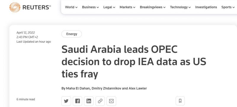 رويترز: السعودية طالبت أوبك+ بعدم اعتماد بيانات وكالة الطاقة الدولية