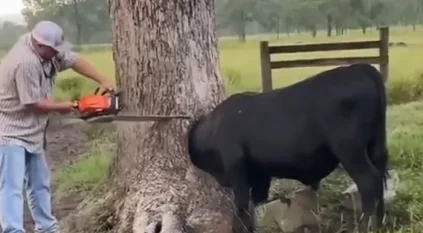 بالفيديو.. إنقاذ ثور ضخم علقت رأسه داخل شجرة