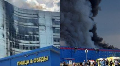 لحظة قفز شخصين من نوافذ مركز أبحاث موسكو أثناء الحريق