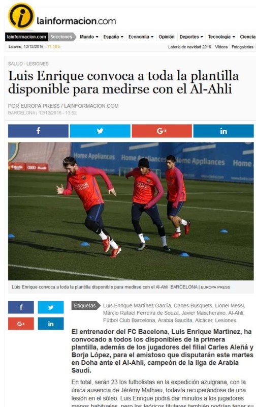 Luis Enrique convoca a toda la plantilla disponible para medirse con el Al-Ahli Noticias, última hora, vídeos y fotos de Salud - Lesiones en lainformacion