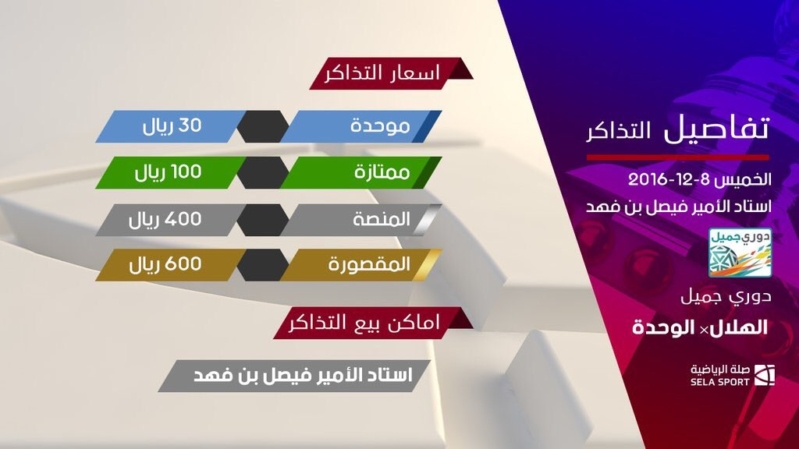 أسعار تذاكر الهلال مع الوحدة 